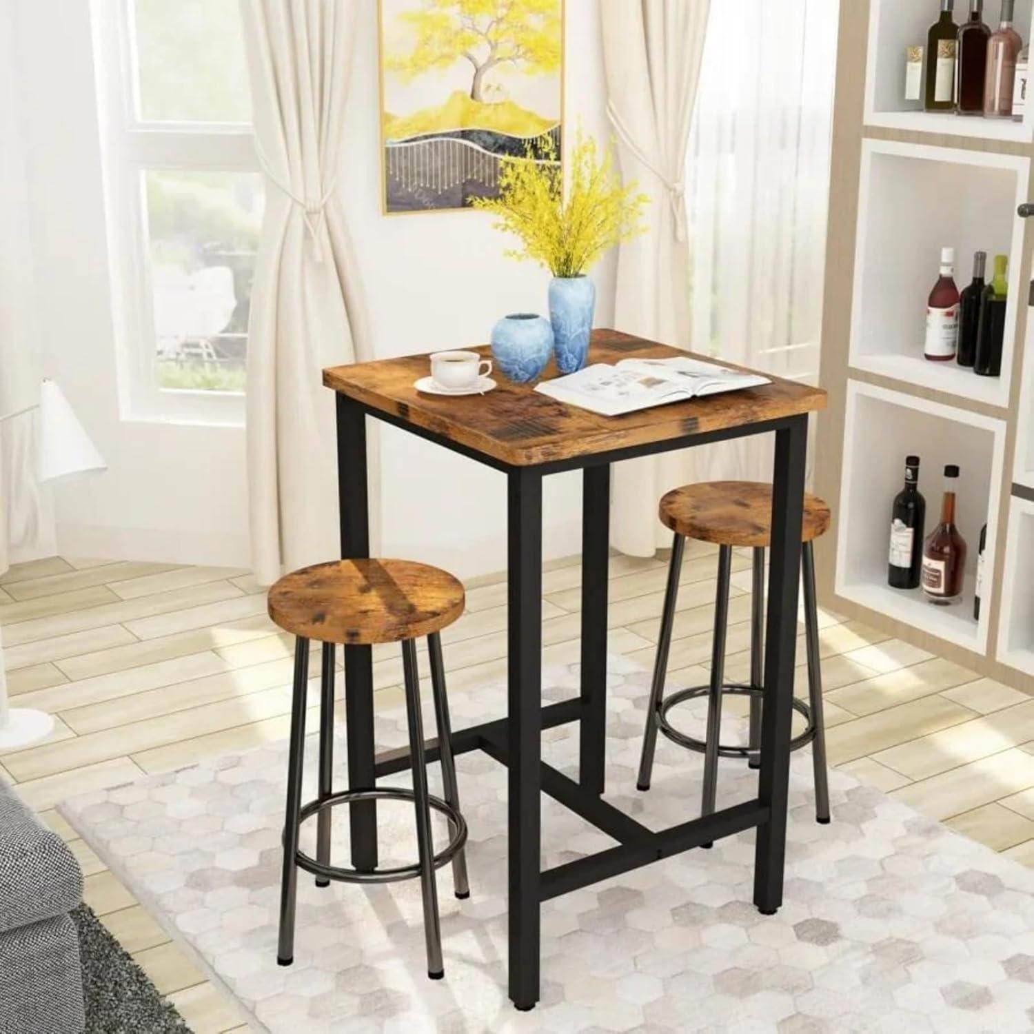 3 Piece Pub Dining Set, Modern bar Table and Stools for 2 Kitchen Counter Height Wood Top Bistro Easy Assemble for Breakfast Nook Living Room Small Space Restaurant, Rustic Brown 24”