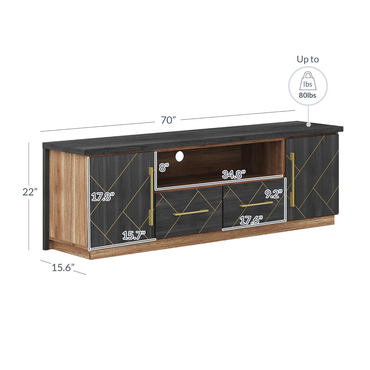 BELLEZE 70 Inch Modern TV Stand with Gold Trim, Elegant Entertainment Center with Storage, Media Console Table with Drawers & Open Shelves for Living Room, Bedroom, Home Theater (Espresso Black)