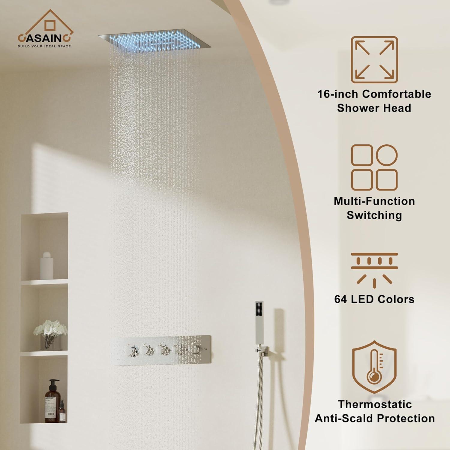 Camino 4-Function Luxury 16 Inch Thermostatic Rain Shower Set with Remote Control 64 Color Lights