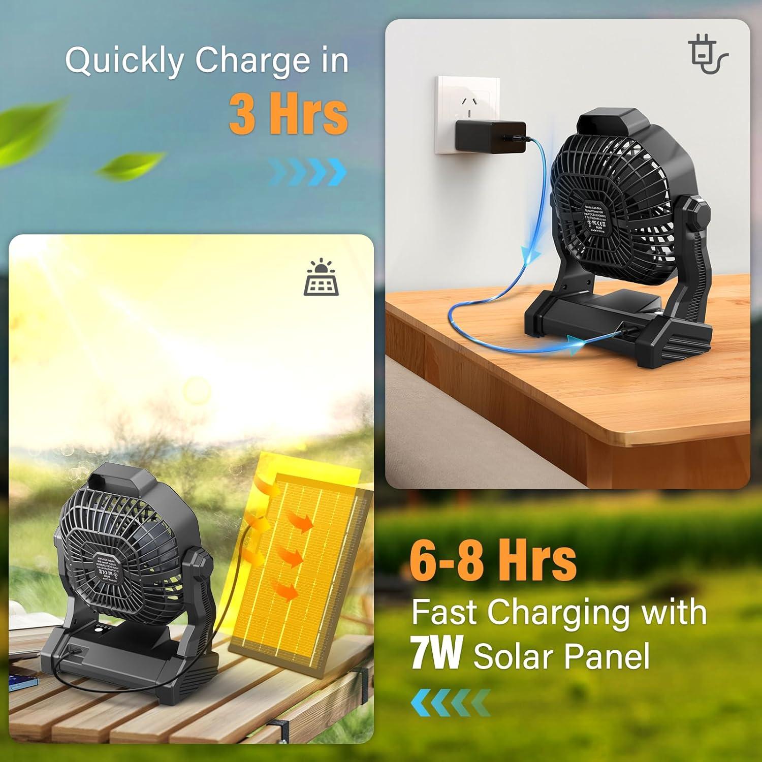 Black Portable Solar-Powered Desk Fan with LED Light