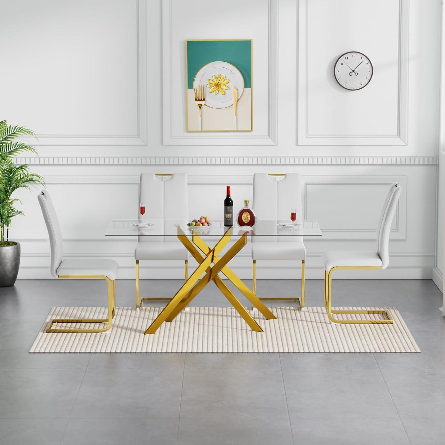 Henf 5 Piece Gold Dining Table Set for 4, Modern Glass Kitchen Table and Chairs for 4, Dining Room Table Set with 51" Glass Dinner Table & 4 White Faux Leather Chairs for Small Space,Home, Apartment