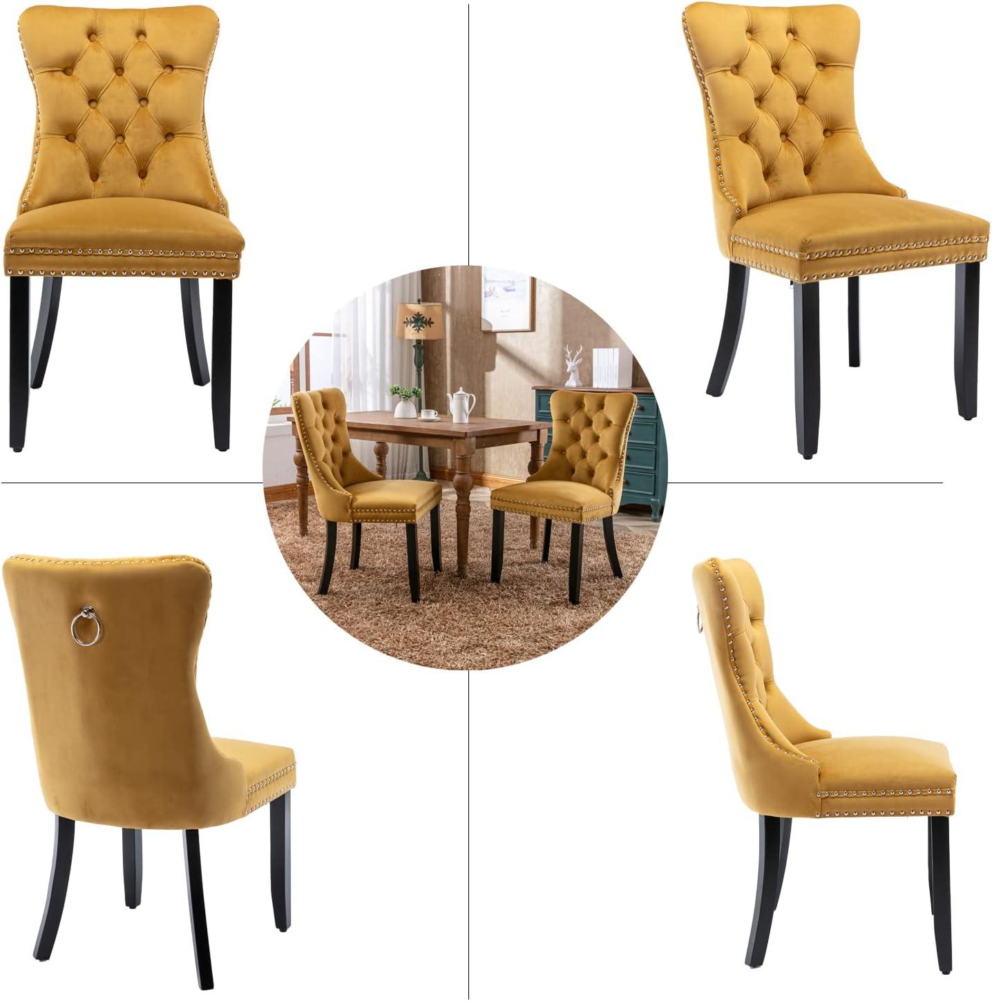 ODUSE-DAILY Yellow Velvet Dining Chairs Set of 4, Kitchen & Dining Room Chairs, Sillas De Comedor, Nailheads Tufted, Fabric Upholstered, Solid Wood (Gold, 4 Pcs)