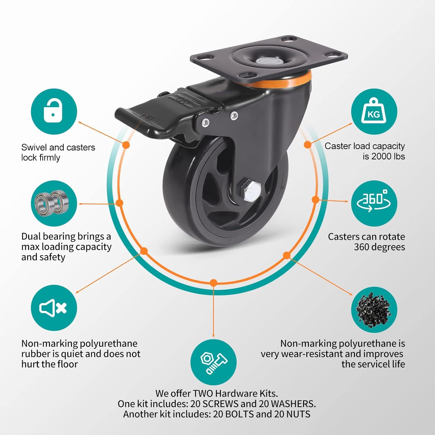 4 Inch Orange Polyurethane Heavy Duty Stem Caster Wheels with Dual Locking