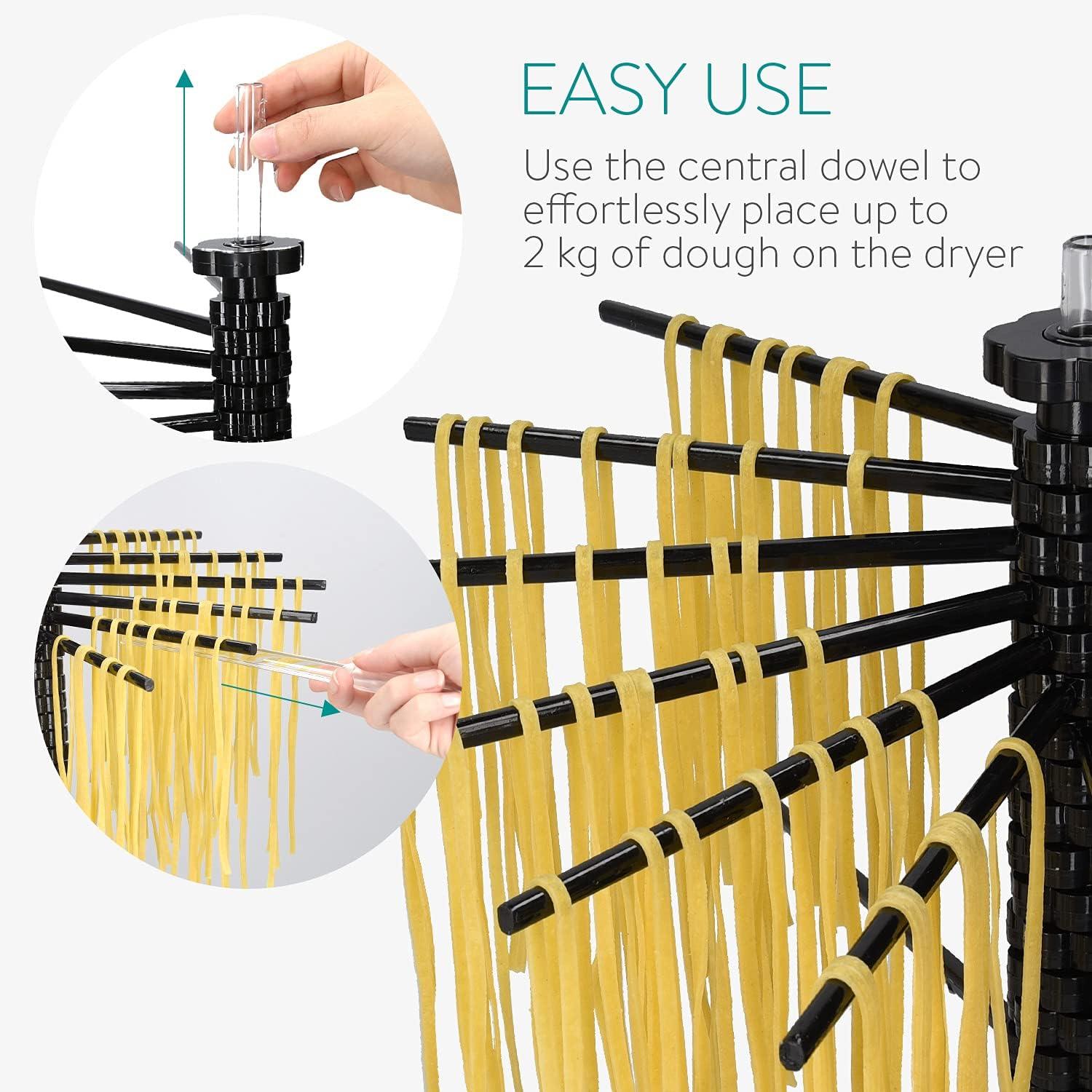 Navaris Collapsible Pasta Drying Rack - Tall Compact Spaghetti Noodle Stand with 16 Plastic Rods - Fresh Pasta Making Accessories - up to 2 kg (4.5 lbs) - Black