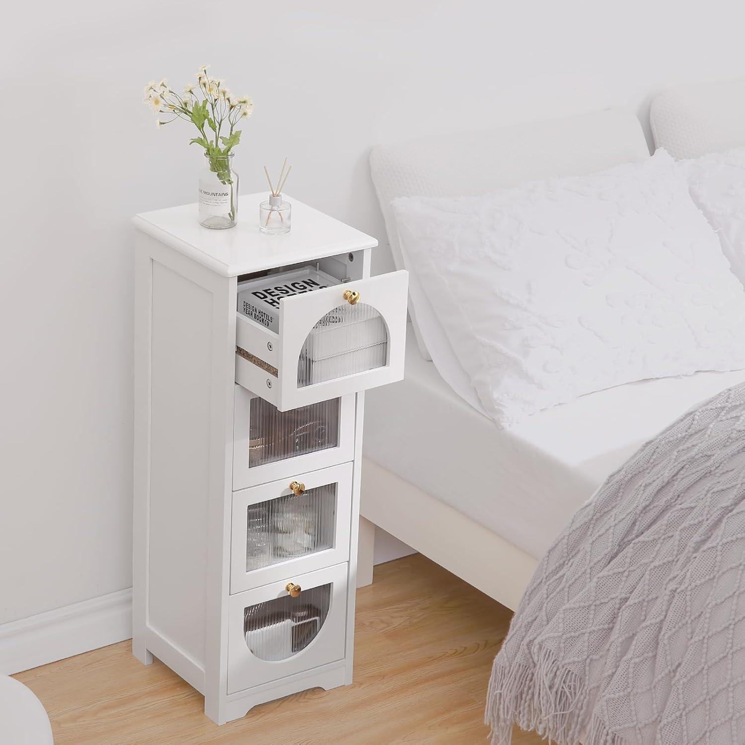 White Slim Wooden Storage Cabinet with Semitransparent Panels