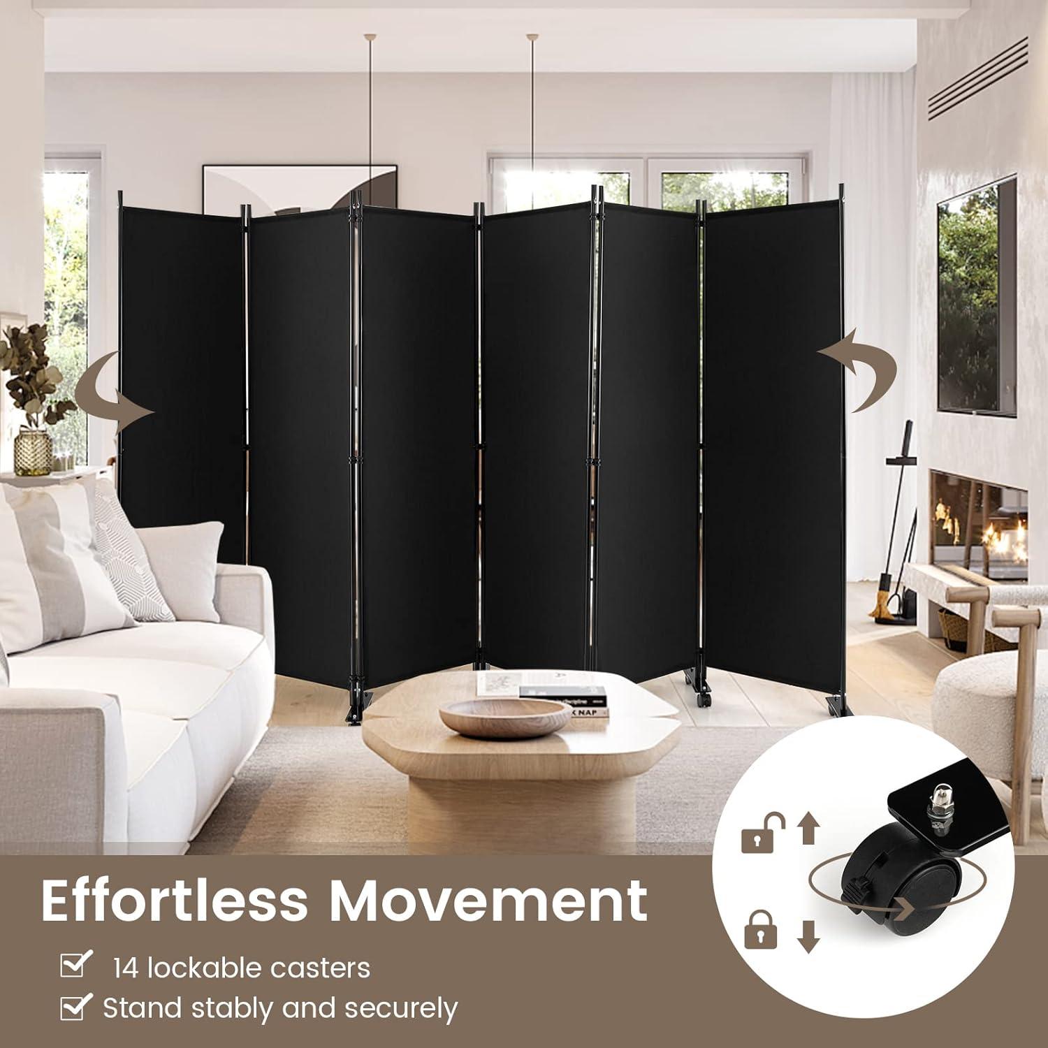 Costway 6-Panel Folding Room Divider 6FT Rolling Privacy Screen with Lockable Wheels Black