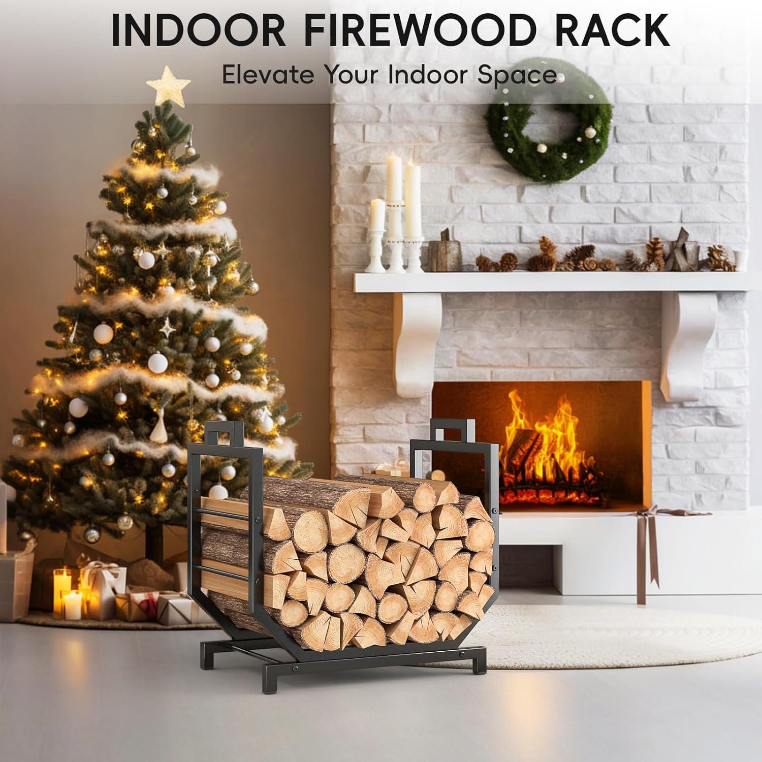 Heavy Duty Black Metal Firewood Holder With Removable Carrier For Indoor/Outdoor Wood Storage