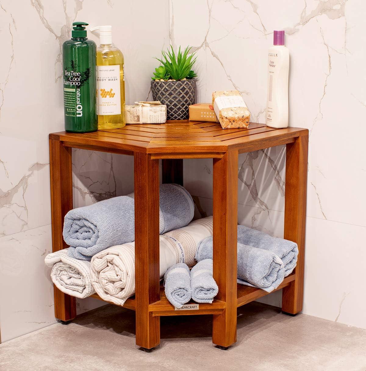 Teak Corner Shower Bench with Shelf and Adjustable Feet