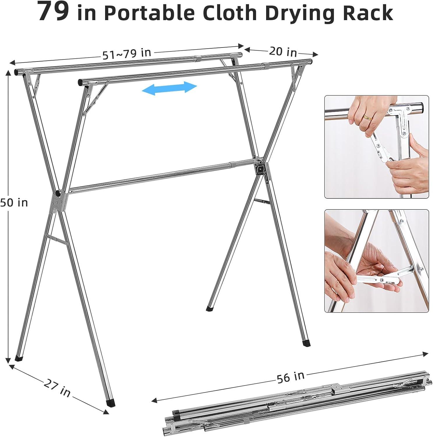 Adjustable Stainless Steel Foldable Clothes Drying Rack with Hooks and Clips