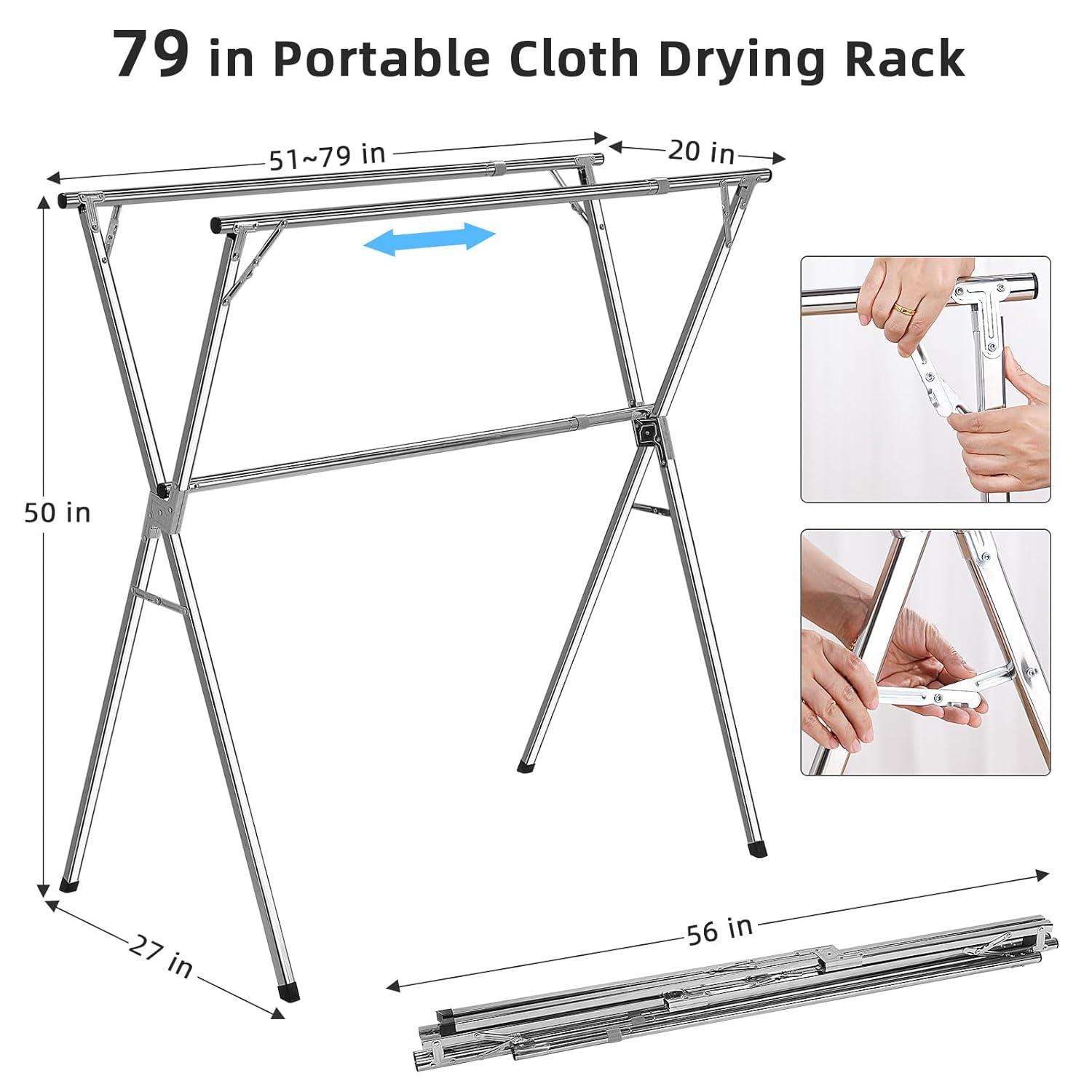 funest Drying Rack Clothing, 79 Inches Adjustble & Foldable Laundry Drying Rack, Heavy Duty Stainless Steel Clothes Drying Rack with 20 Hooks, 12 Clips, Suitable for Indoor, Outdoor and Balcony
