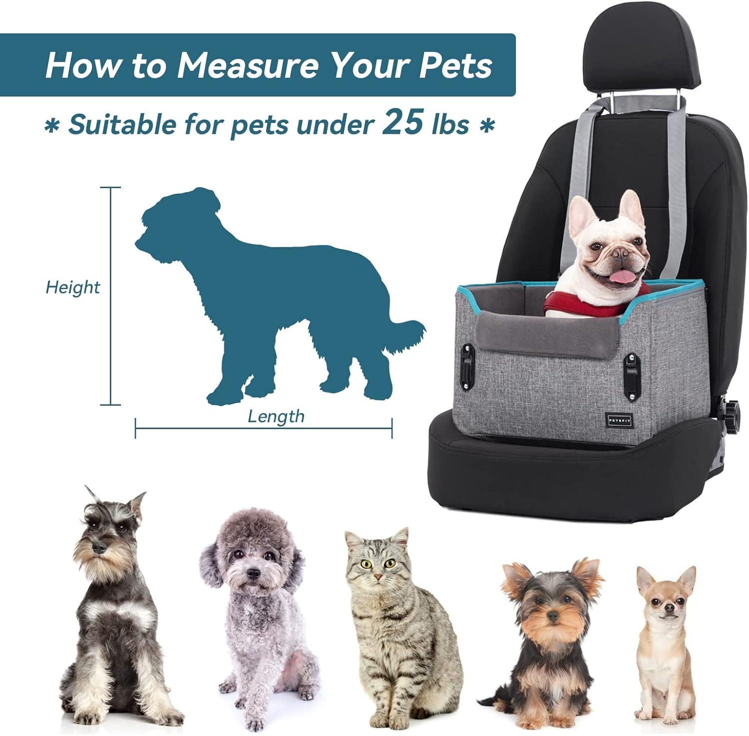 PETSFIT 16in Small Pet Booster Car Seat, Puppy Portable Dog Booster Seat for Car with Clip-On Leash,Pets Up to 25lbs ,Grey