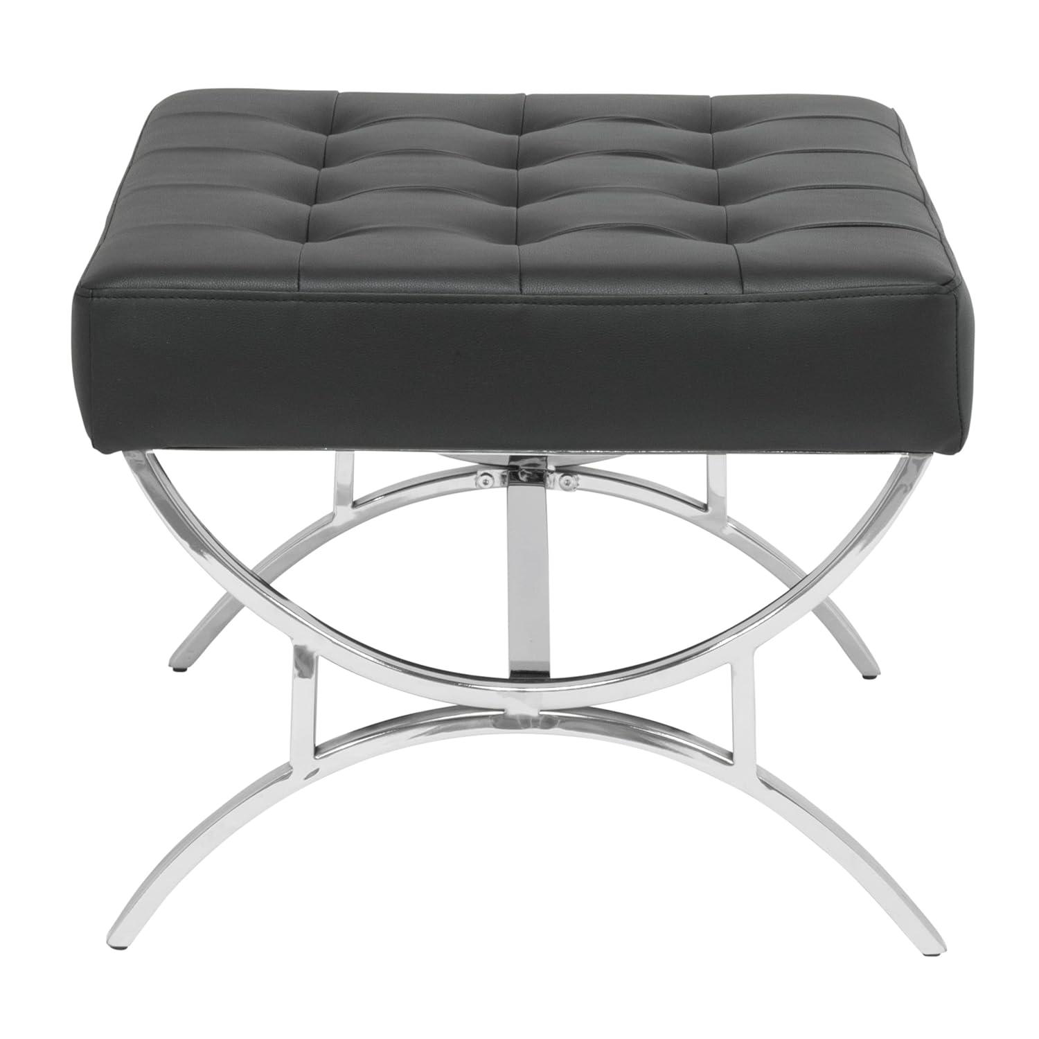 studio designs Newel Modern Square Ottoman Blended Leather and Chrome Metal Frame Chrome/Black: 18" High, Rectangular, Steel Base