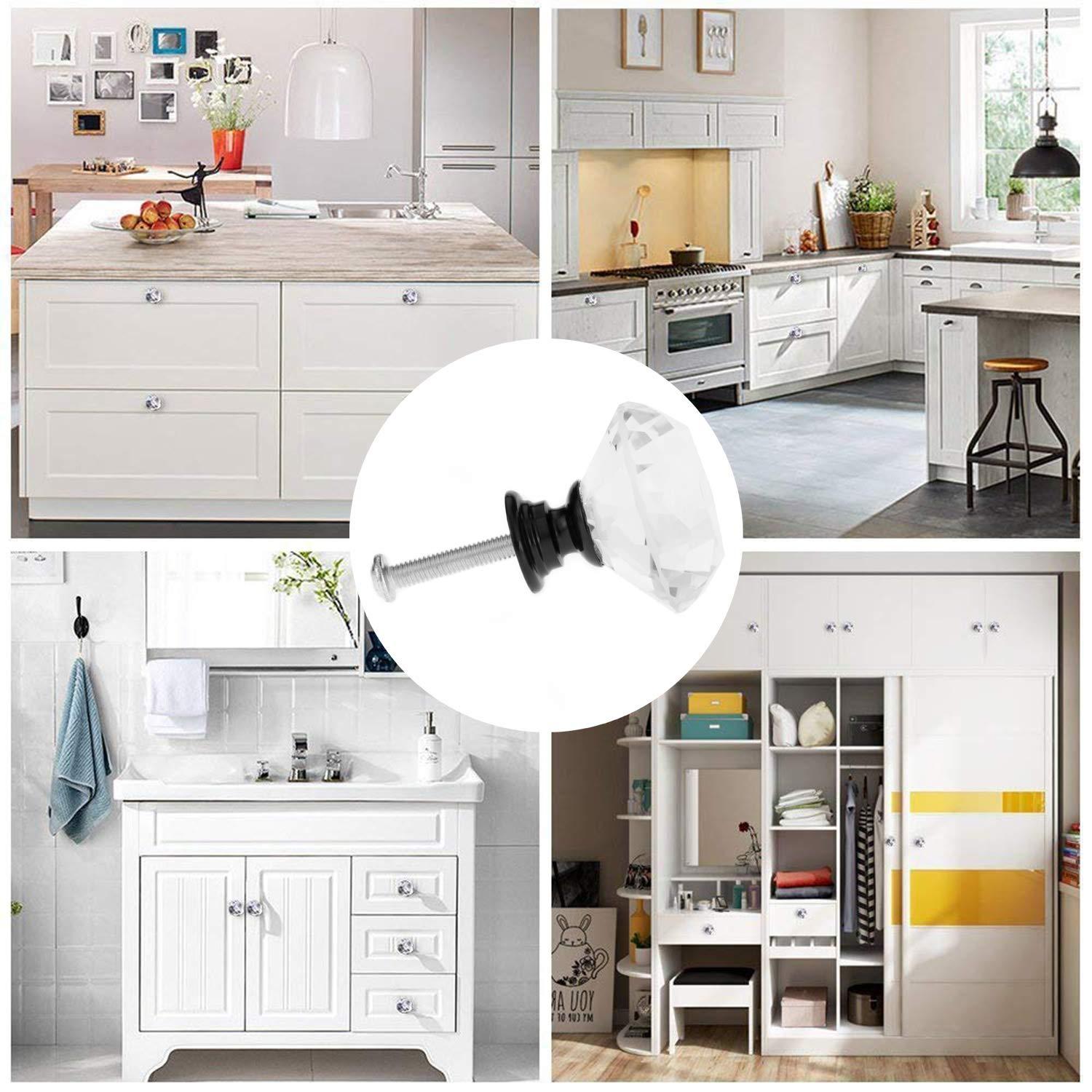 YourGift 12 Pack Drawer Knobs Diamond Shaped Crystal Glass 30mm Cabinet Knobs Pull Handles (Black)