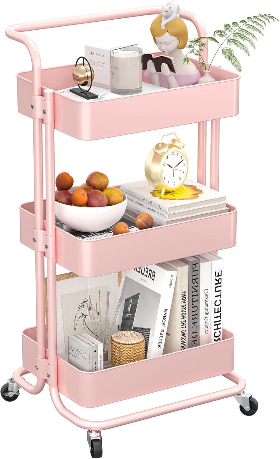 danpinera 3 Tier Rolling Cart Cleaning Organizer Utility Cart with Wheels for Storage Kitchen Bathroom-Pink