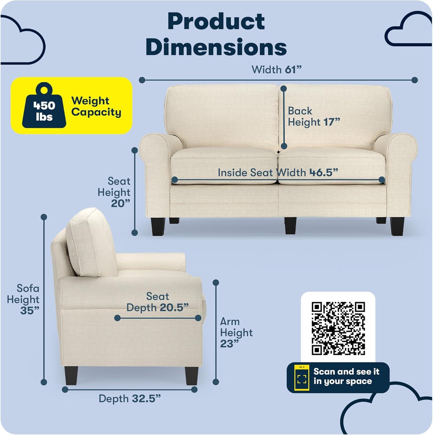 Serta Copenhagen 61" Rolled Arm Sofa, Easy Care Fabric, Soft Pillow Back, Pocket Coil Seat Cushions