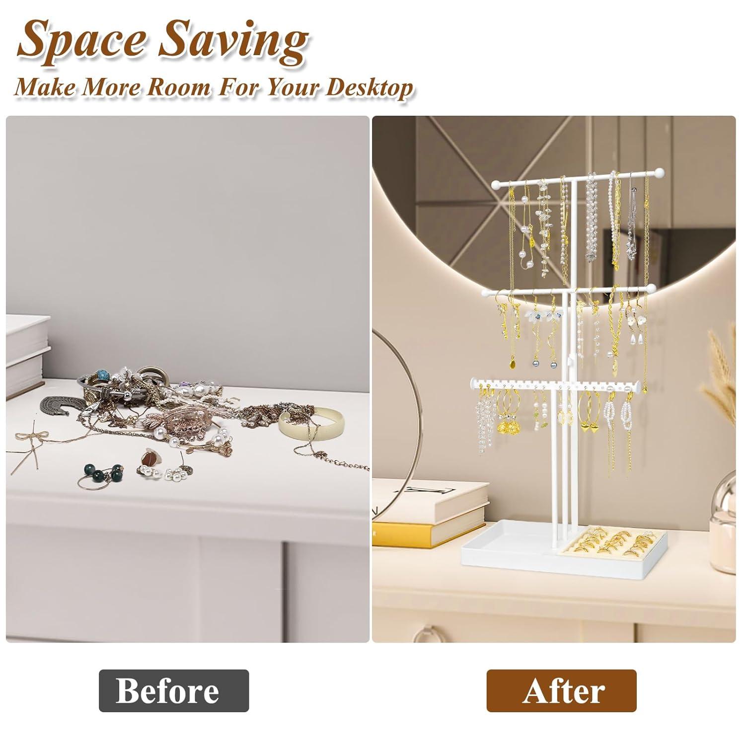 Jenseits Jewelry Organizer Stand Necklace Holder Organizer, 3-Tier Earrings Organizer w/Bracelet Storage Display & Velvet Ring Tray, Cute Metal Aesthetic Jewelry Tower Rack for Women Girls - Gold C47