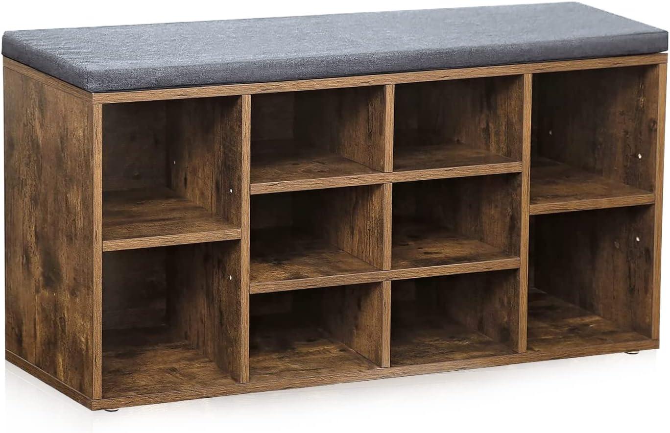 Rustic Brown Particleboard Shoe Storage Bench with Gray Cushion