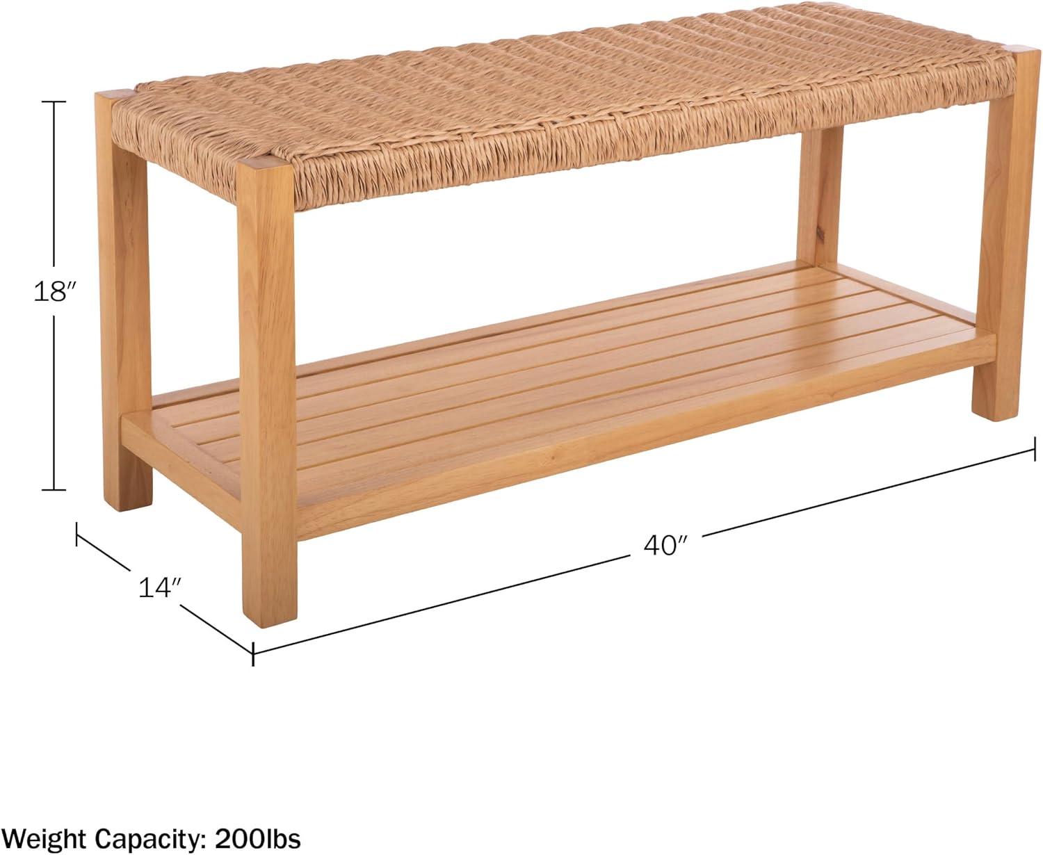 Newport 40-Inch Natural Wood Bench with Woven Rope Seat and Storage Shelf