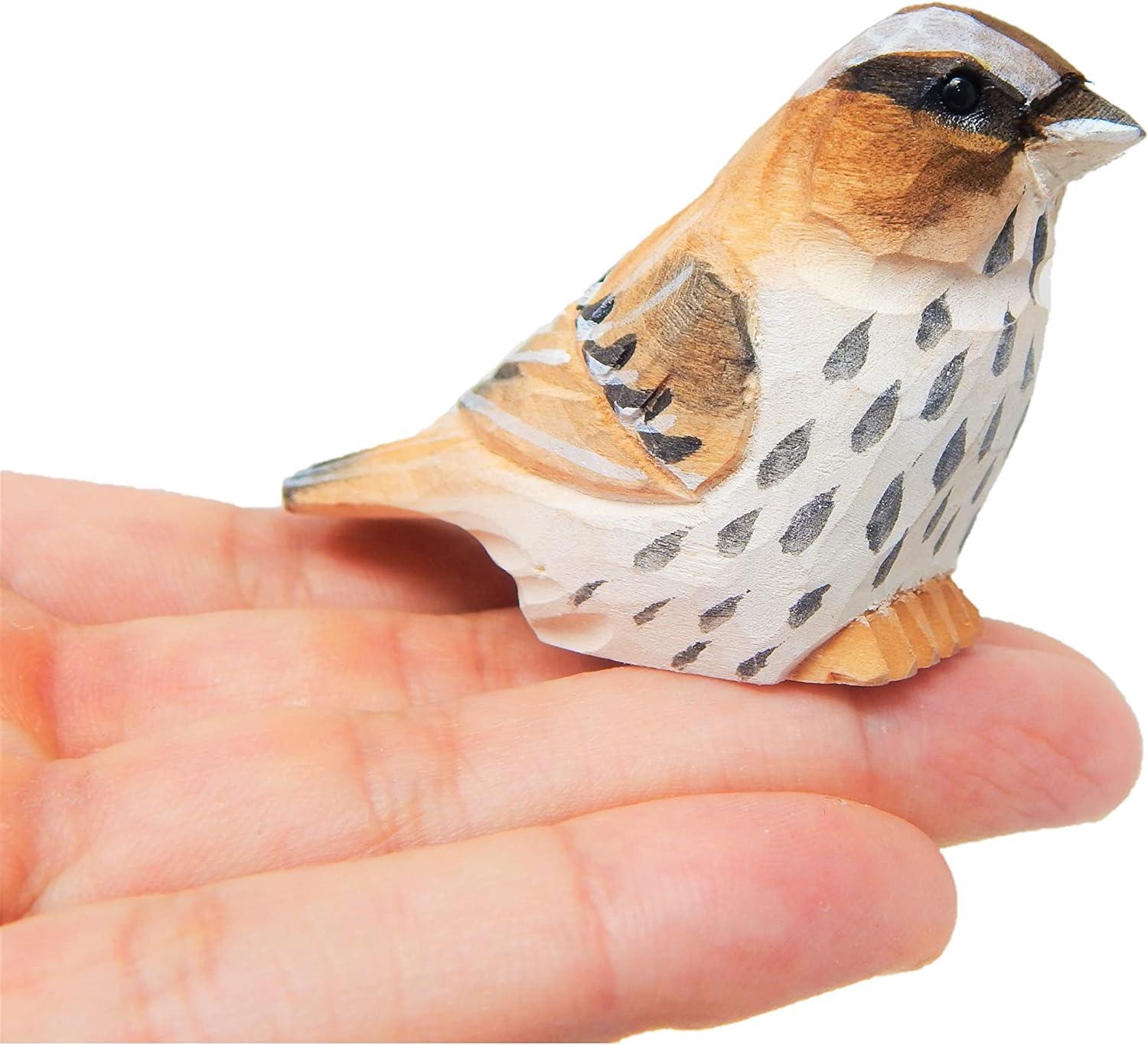 Hand-Carved Birch Wood Sparrow Bird Figurine