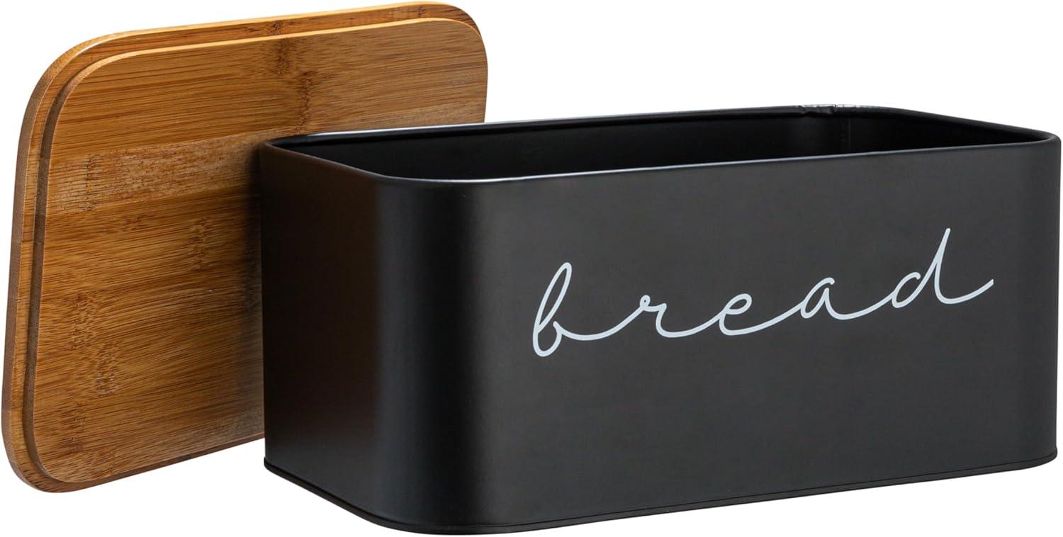 Black Metal Bread Bin with Bamboo Lid, 11.75"L x 7"H