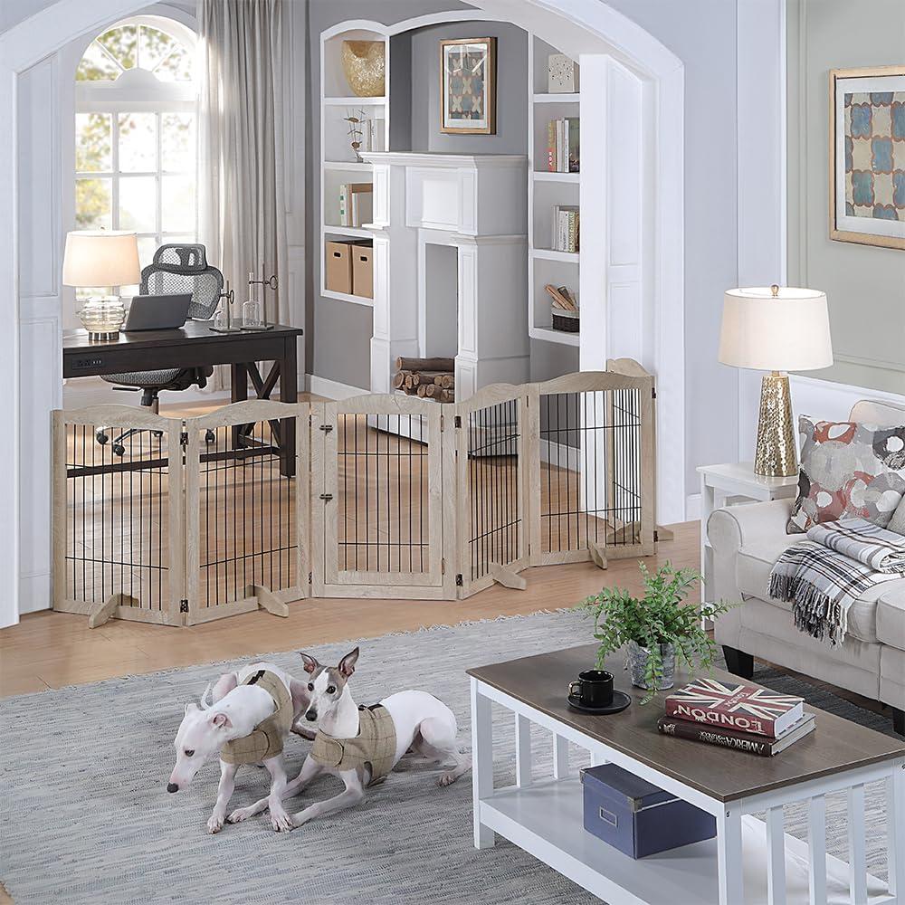 Unipaws Extra Wide Freestanding Dog Gate, 6 Panels Pet Playpen with Wood and Wire, Walk Through Dog Gate with 5 Support Feet