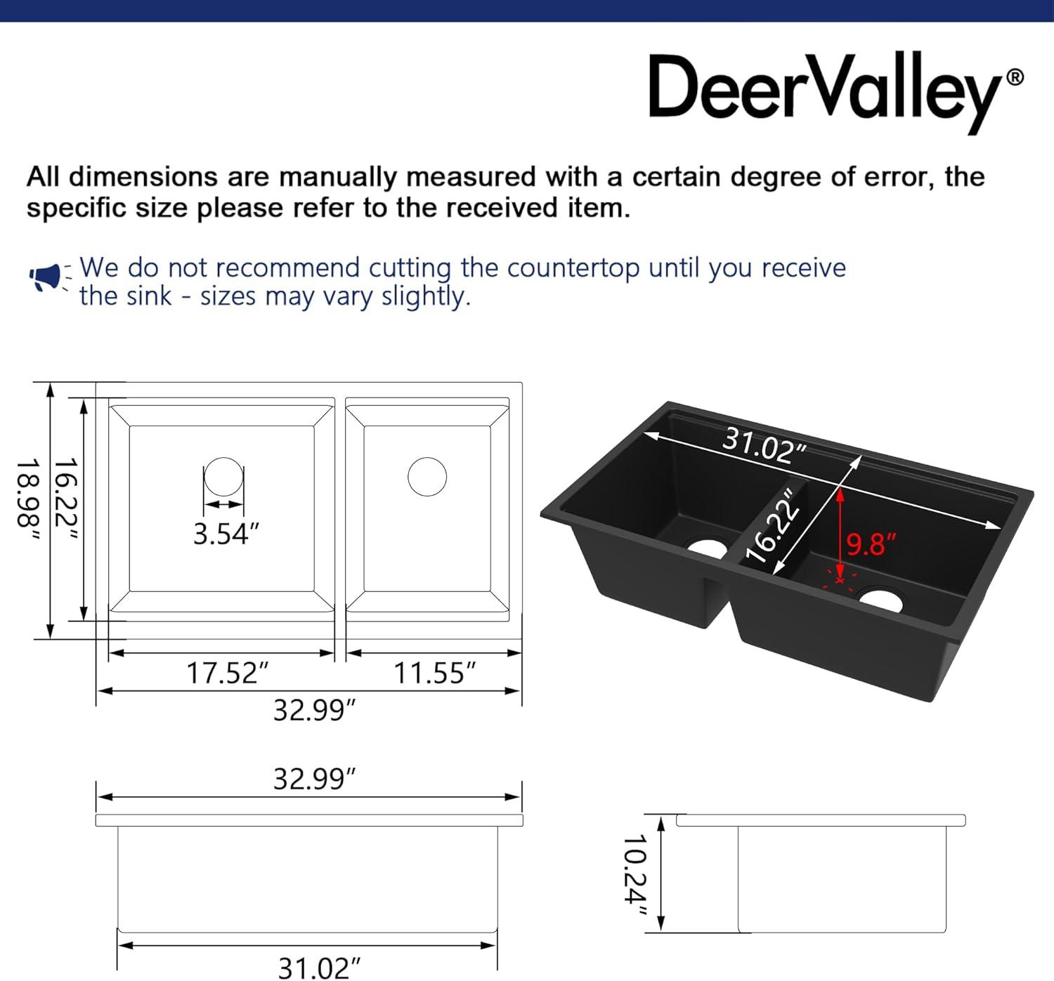 DeerValley 33" x 19" Undermount 60/40 Double Bowl Quartz Composite Kitchen Sink with Accessories