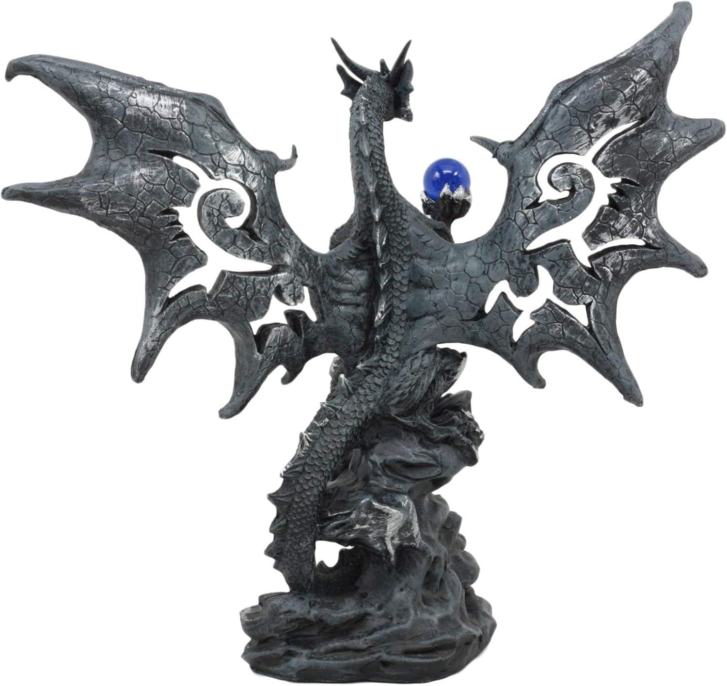 Gothic Black Resin Dragon Statue with Blue Orb