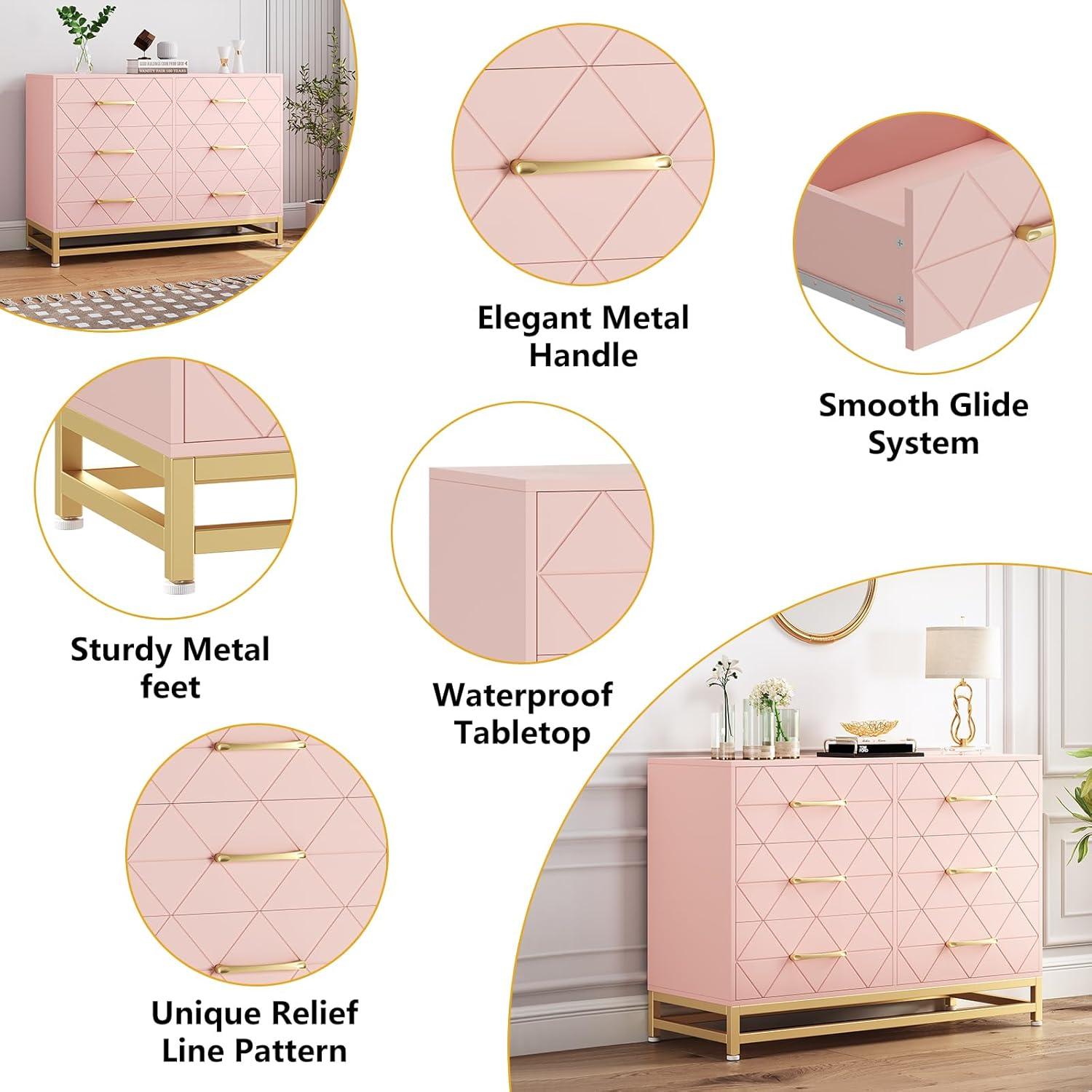 KATIDAP Bedroom Dresser with 6 Drawers, Wooden Dresser for Entryway, Wide Storage Cabinet for Living Room, Pink