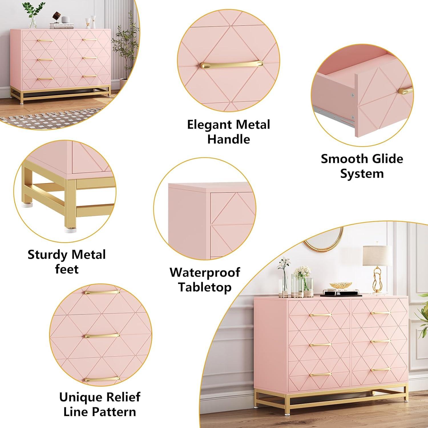 Yesurprise 6 Drawers Dresser for Bedroom TV Stand Dressers Chest of Drawers for Living Room Hallway Entryway Pink