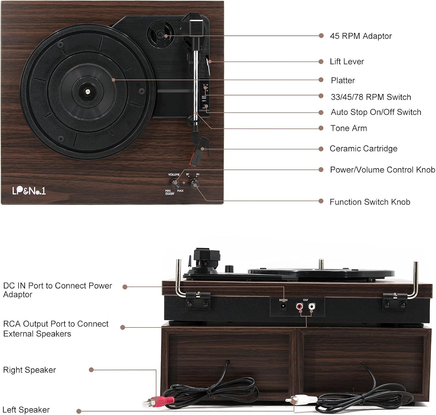 Vintage Brown Wood 3-Speed Belt-Drive Turntable with Speakers