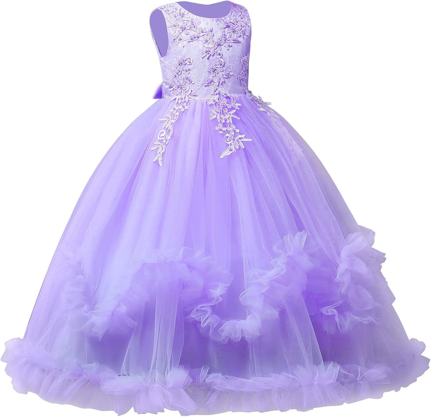 IBTOM CASTLE Vestidos de Desfile Bordados de Encaje Bohemio Floral de Princesa para Fiesta de Niños Boda Vestido Largo de Comunión Hinchado 11-12 Años Púrpura