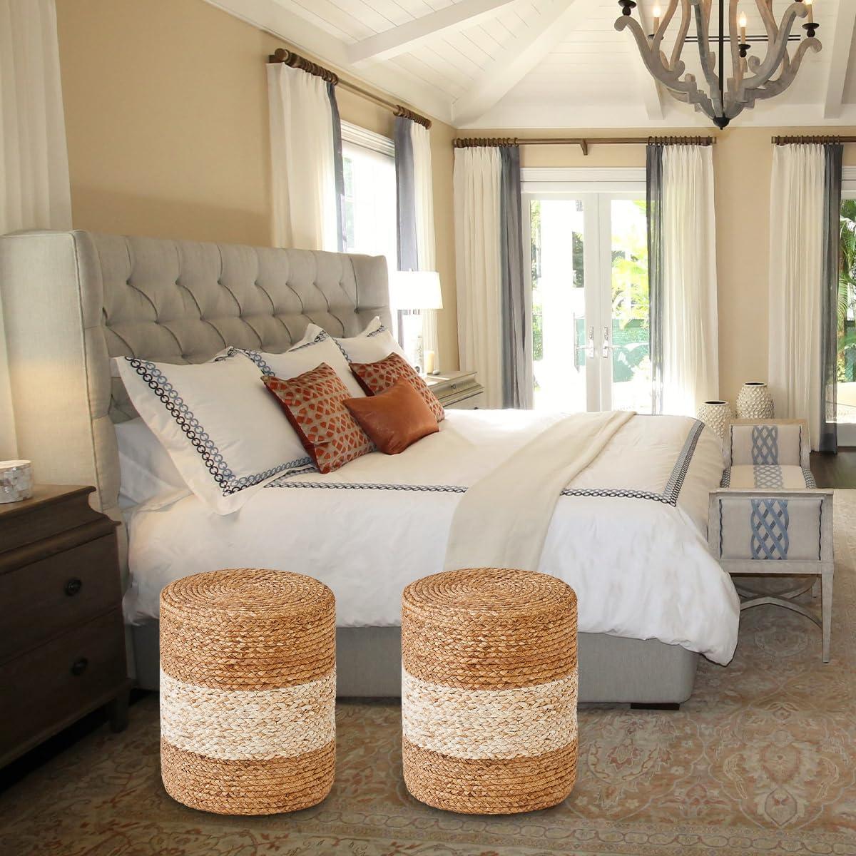 Mxfurhawa Seagrass Pouf Ottoman Round Accent Foot Rest Stool Outdoor, Natural & White