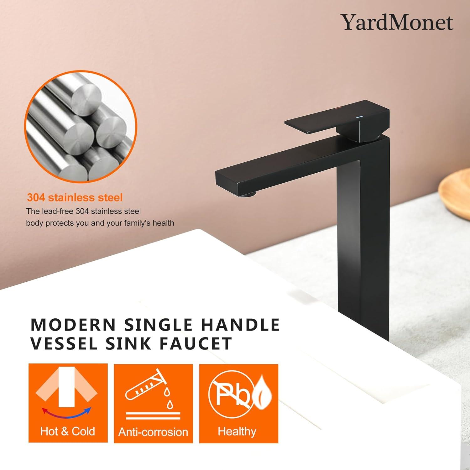 Gold Vessel Sink Faucet, Brushed Gold Tall Single Handle Bathroom Vessel Sink Faucet 1 Hole, Modern Stainless Steel Restroom Vanity Faucet with Metal Pop Up Drain and Water Supply Hose