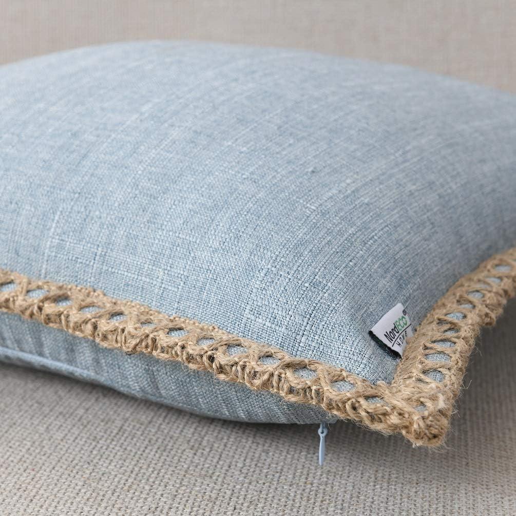 NordECO HOME Set of 2 Farmhouse Throw Pillow Covers - Burlap Linen Trimmed Tailored Edges Decorative Cushion Covers for Bed Home Decoration, 16 x 16, Blue