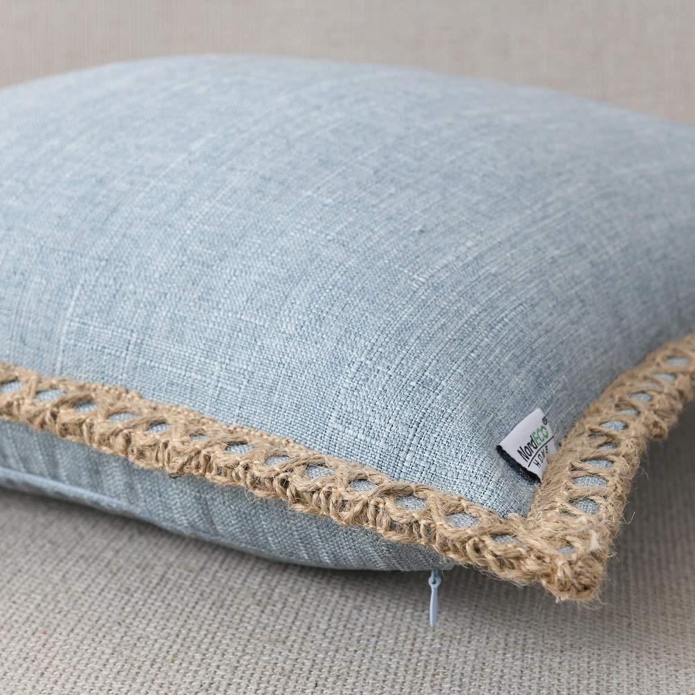 NordECO HOME Set of 2 Farmhouse Throw Pillow Covers - Burlap Linen Trimmed Tailored Edges Decorative Cushion Covers for Bed Home Decoration, 16 x 16, Blue