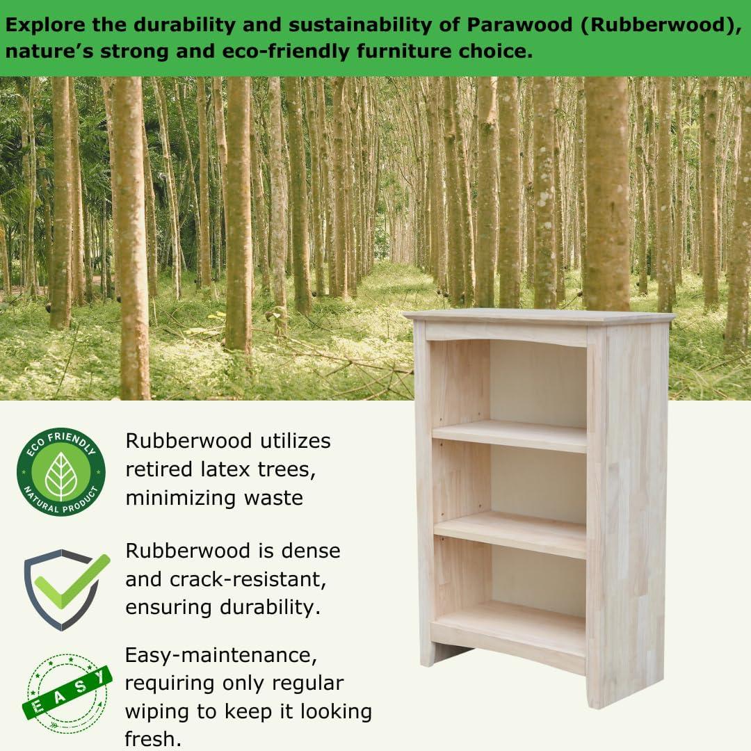 36"x24" Shaker Bookcase Unfinished - International Concepts: Rubberwood Material, 3 Fixed Shelves, Enclosed Back