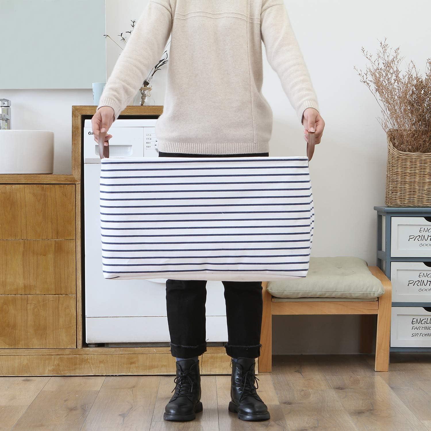 Hinwo 2-Pack Extra Large Canvas Fabric Storage Baskets with Handles, 70L Oversized Storage Bins, Collapsible Storage Box, Clothes, Toys, Blankets Organizers, 22 x 15 x 13 inches, (Purple Stripe)