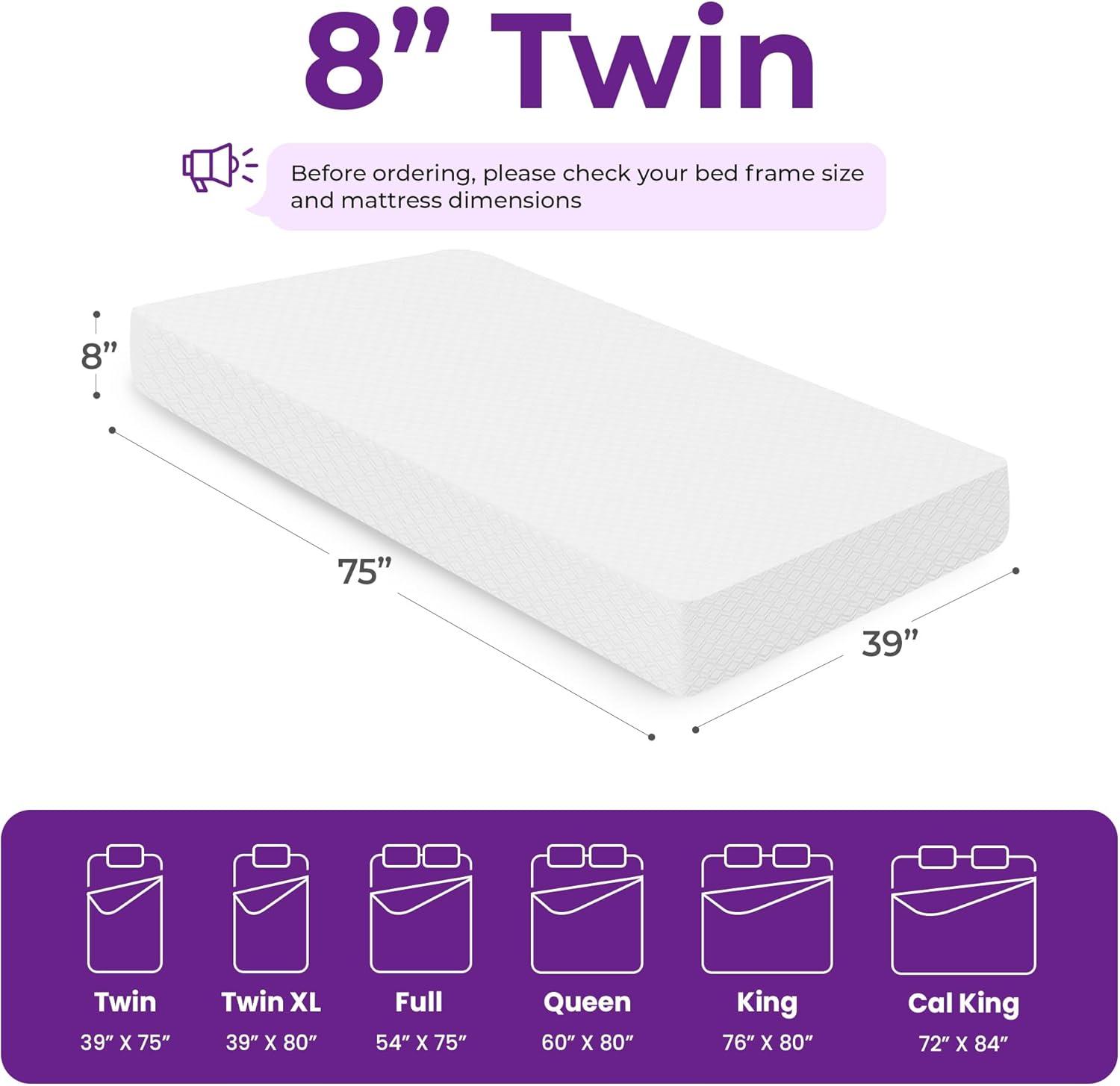 GAESTE 8" Cooling Gel Memory Foam Mattress in a Box Medium Firm Pressure Relief with Breathable Cover, Adult, Twin