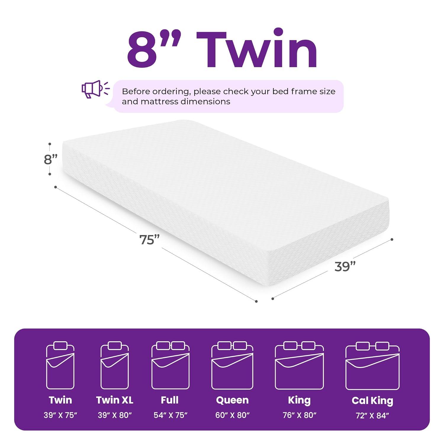 GAESTE 8" Cooling Gel Memory Foam Mattress in a Box Medium Firm Pressure Relief with Breathable Cover, Adult, Twin