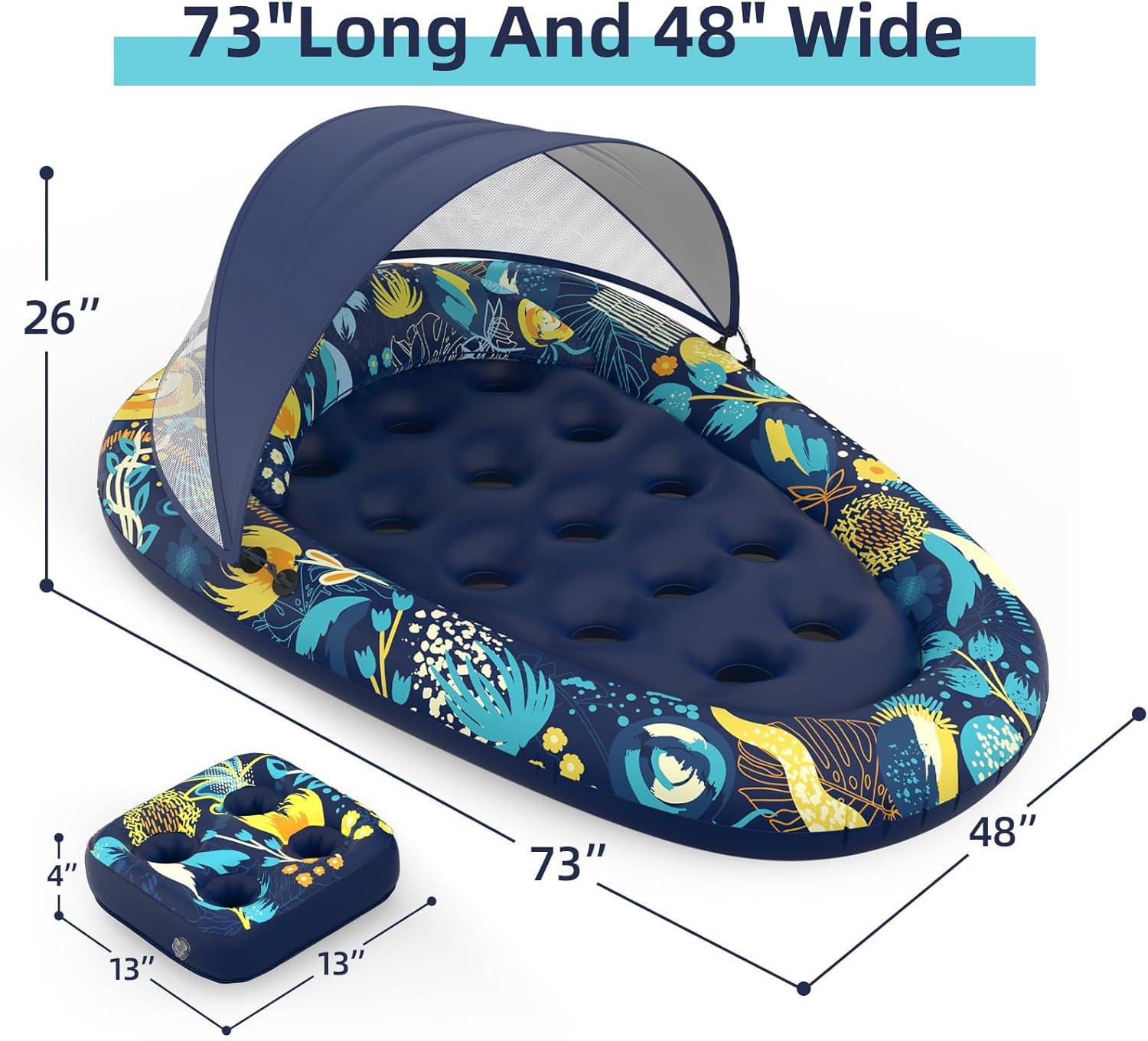 3-in-1 Pool Floats with Canopy Cup Holder, XL Large 73" x 48" Inflatable Pool Floats for Adults Lounger Raft Floating Chair for Swimming Pool Lake Water Lounge Float Beach Pool Party Toys