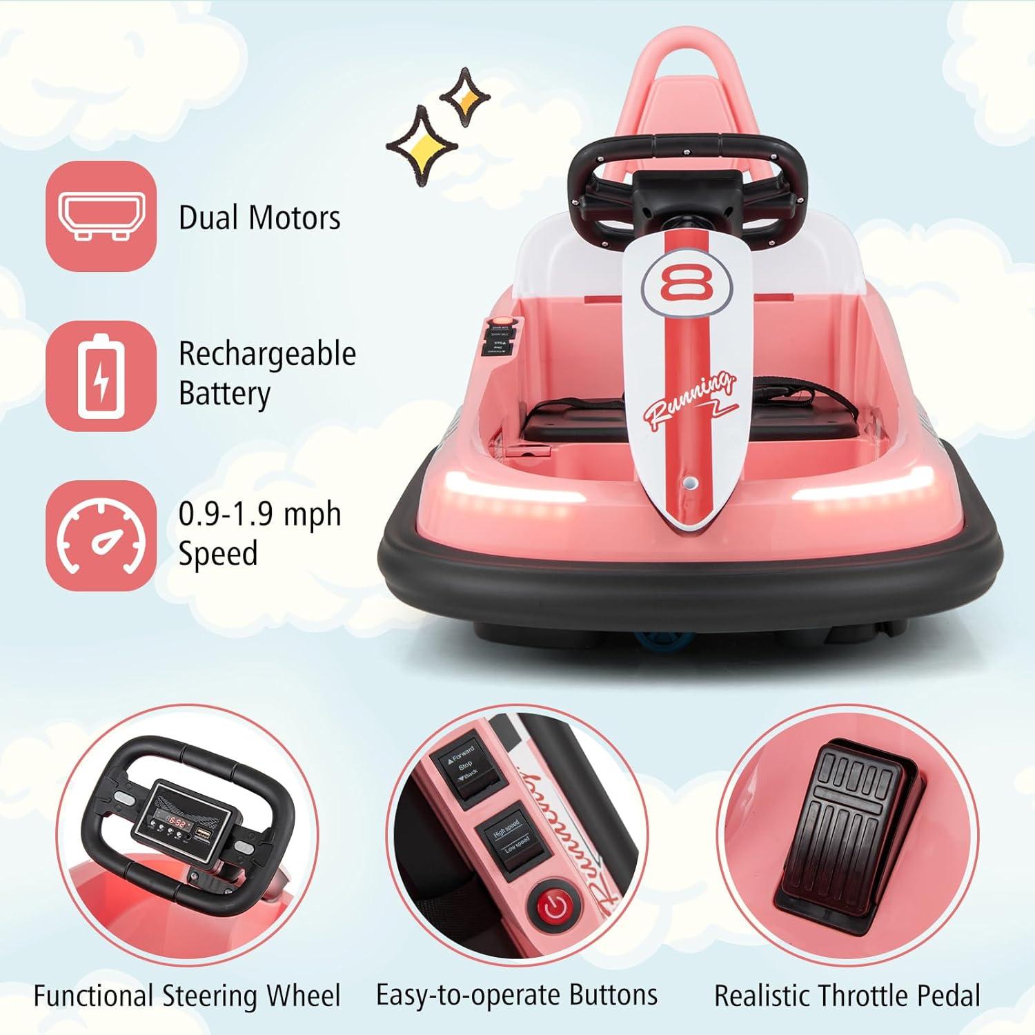 CIPACHO 6V Kids Ride-On Bumper Car with 360° Spinning and Dual Motors, Bumper Cars for Toddlers 2-5, Pink