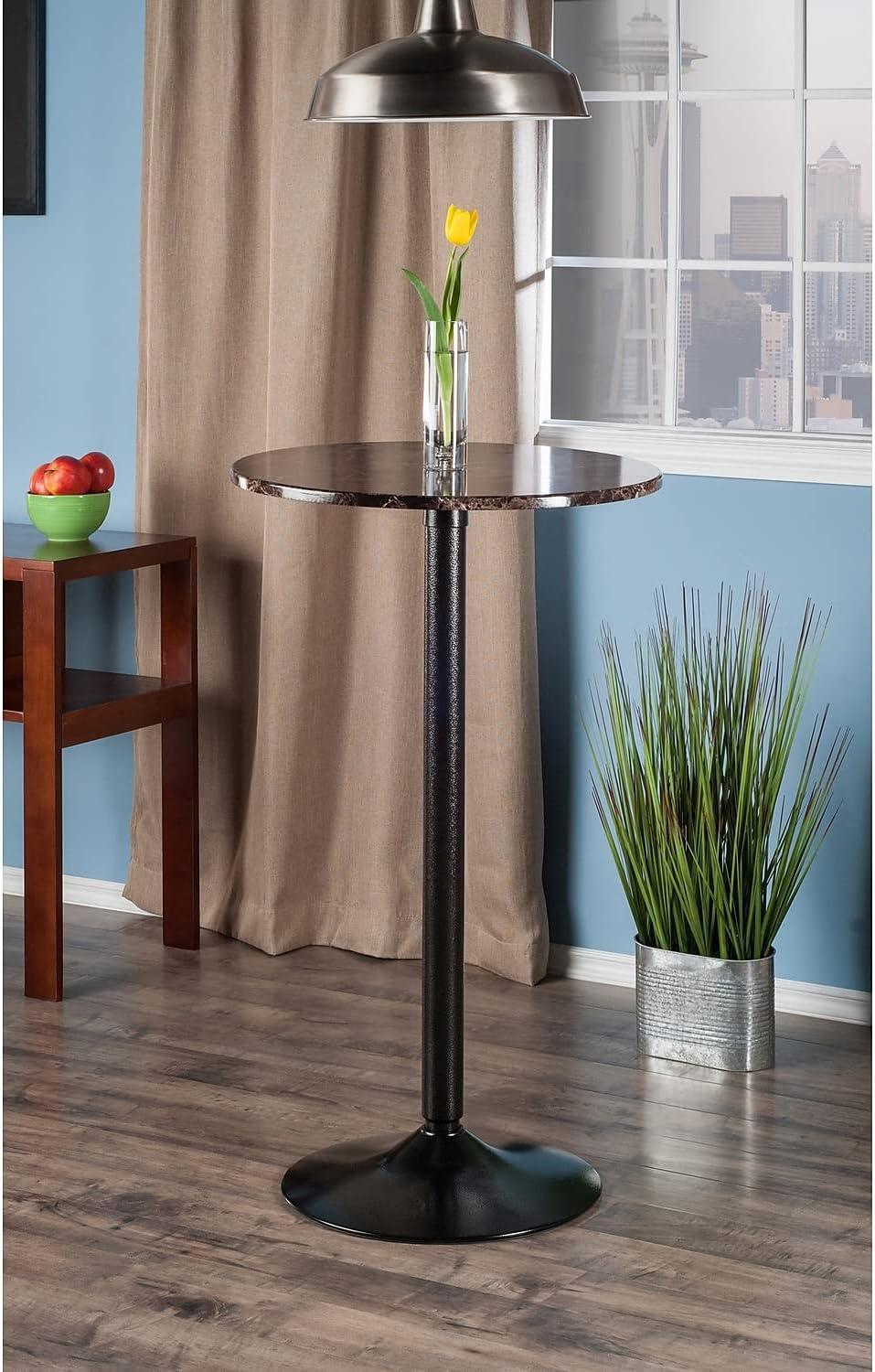 Cora Round Bar High Table Faux Marble Top Metal/Black - Winsome: Modern Pedestal Base, Seats 2