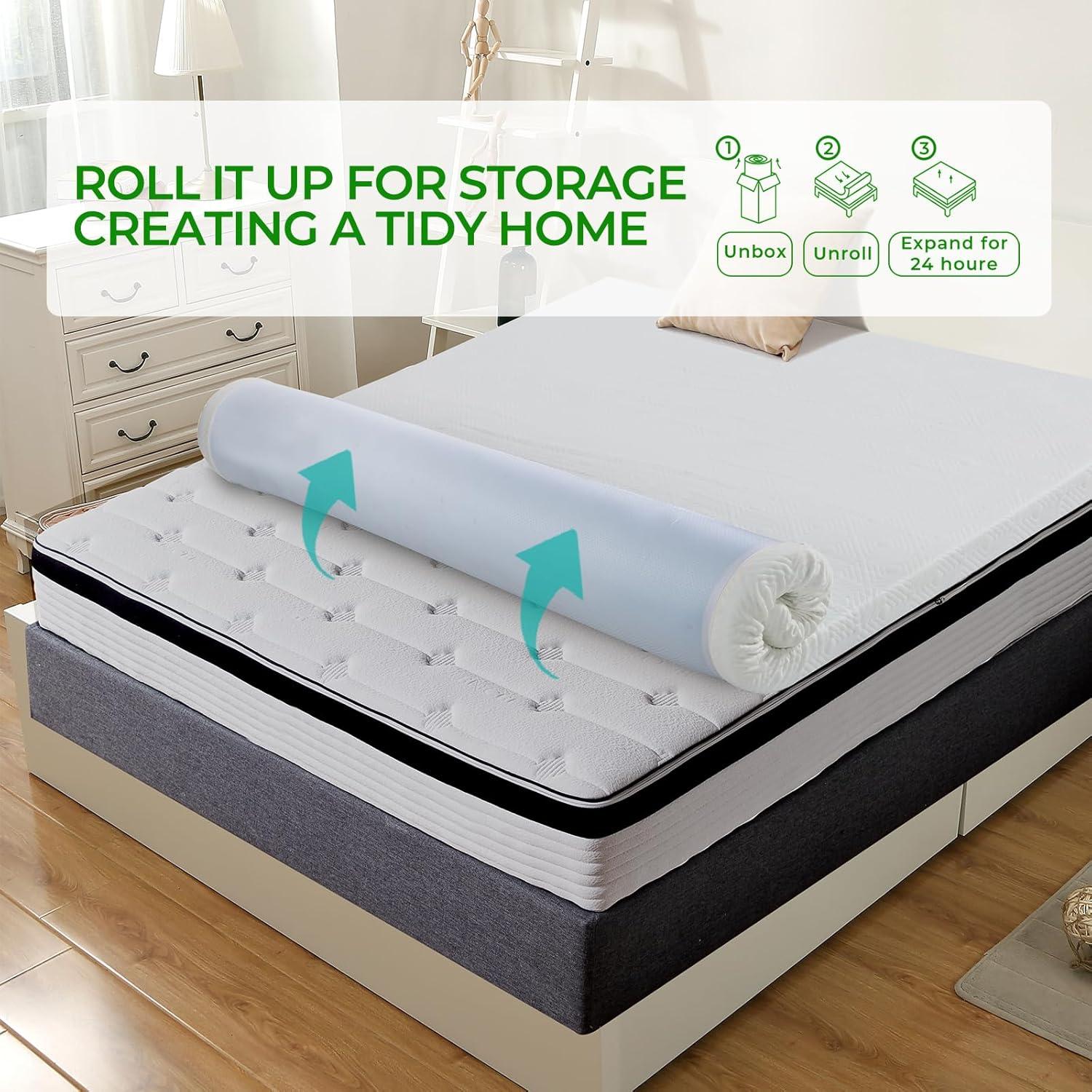 3 Inch Queen Memory Foam Mattress Topper, Bamboo Fiber Washable Cover, Gel Mattress Topper Pressure Relief Bed Topper, Adjustable Corner Straps, CertiPUR-US Certified