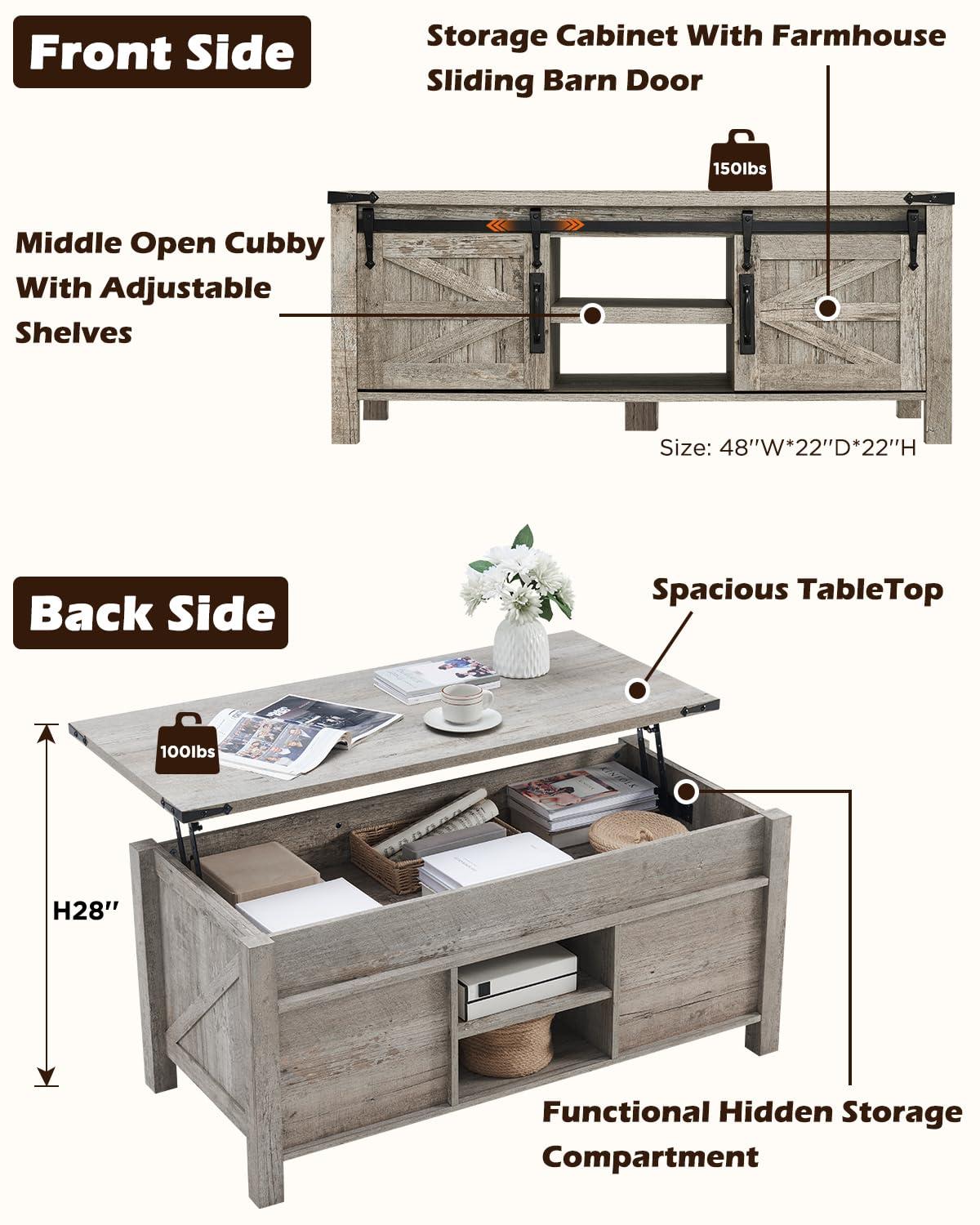 OKD Farmhouse Sturdy Coffee Table with Sliding Barn Doors and Storage Shelves for Living Room, Den, Family Room, or Office, Light Rustic Oak Finish