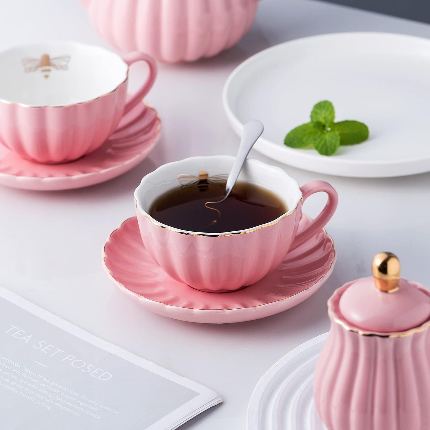 Pink Fine China Coffee and Tea Set with Stand, 17-Piece