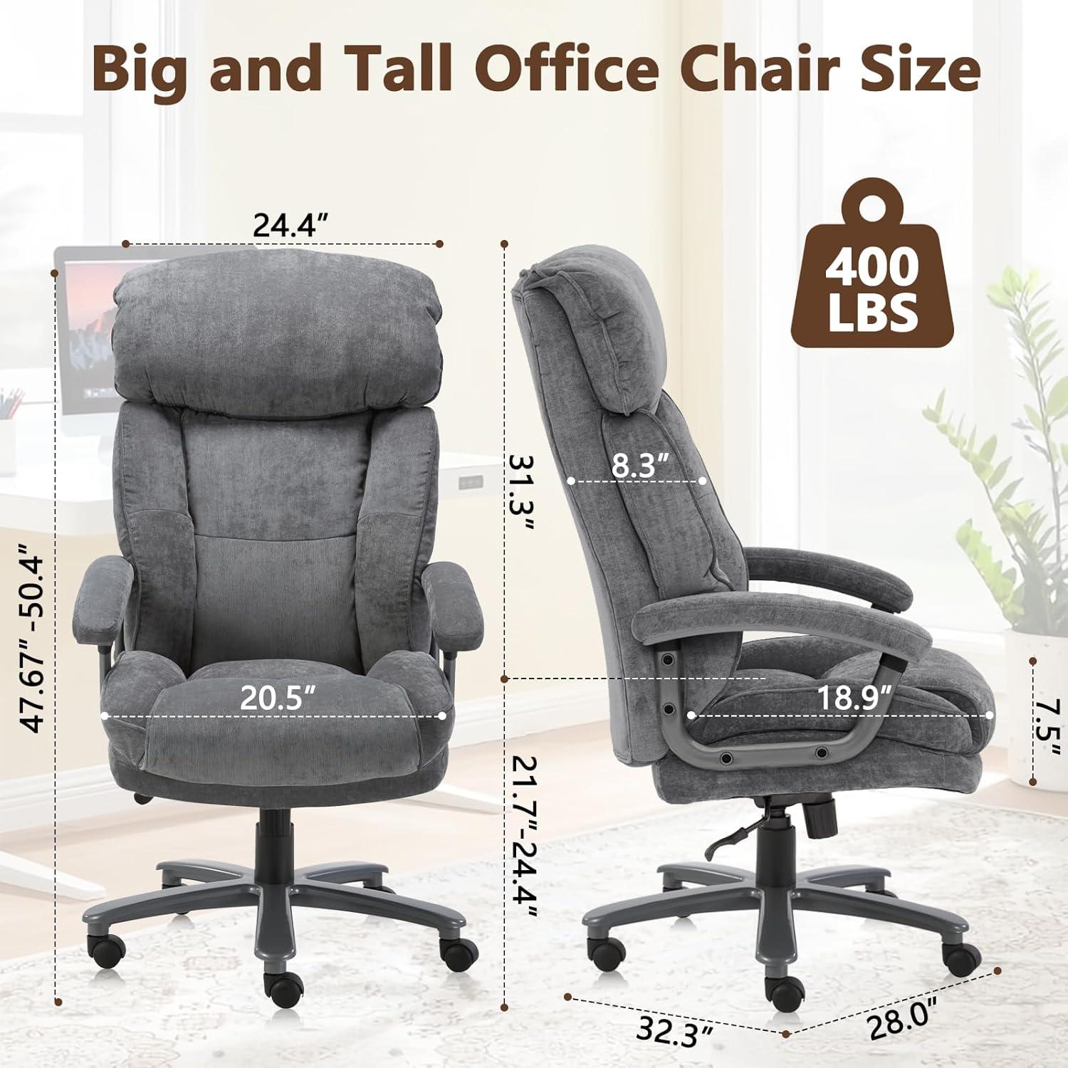 CLATINA Ergonomic Big & Tall Executive Office Chair with Upholstered Swivel 400lbs High Capacity Adjustable Height Thick Padding Headrest and Armrest for Home Office BIFMA Certified Grey