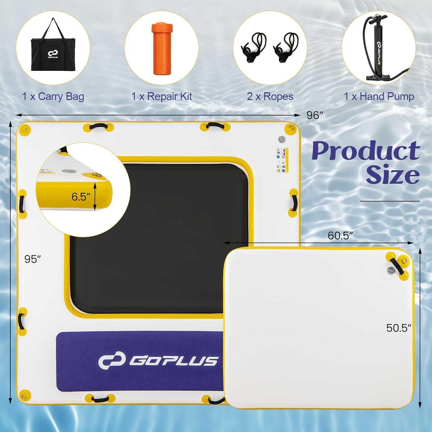 Goplus Inflatable Floating Dock, 8FT x 8FT x 6.5 Inch Thick Swim Dock Platform w/Mesh Swim Area, Non-Slip Pad, Portable Bag, Portable Bag, Water Mat Raft for Lake, Beach, River, Pool