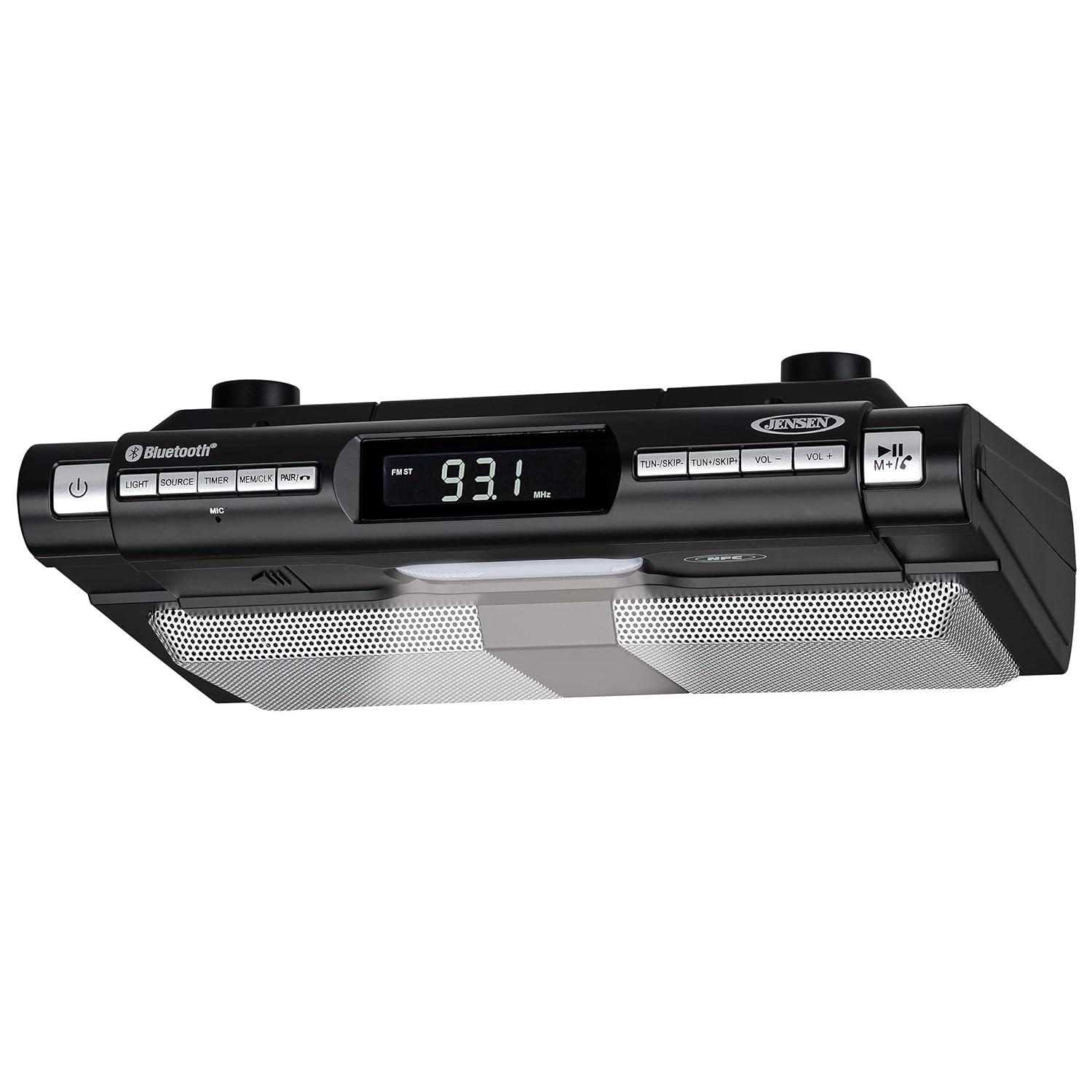 Jensen Modern Wireless Under Cabinet Kitchen Universal Bluetooth Music System, FM Radio, Clock LCD Digital Display, Built-in Hands-Free Mic & Speakers (Includes Mounting Hardware)