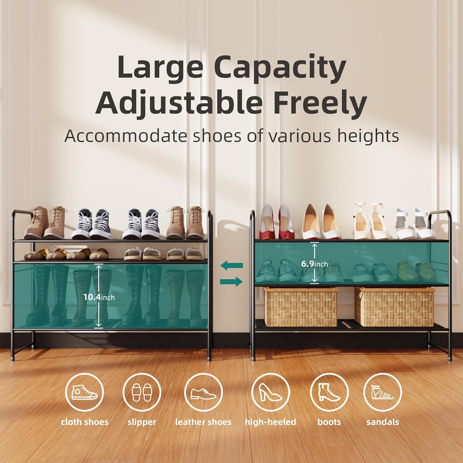 YASONIC Shoe Rack Storage Organizer, 3-Tier Black Shoe Shelf, 24 Pairs, Iron Poles & Plastic Connectors