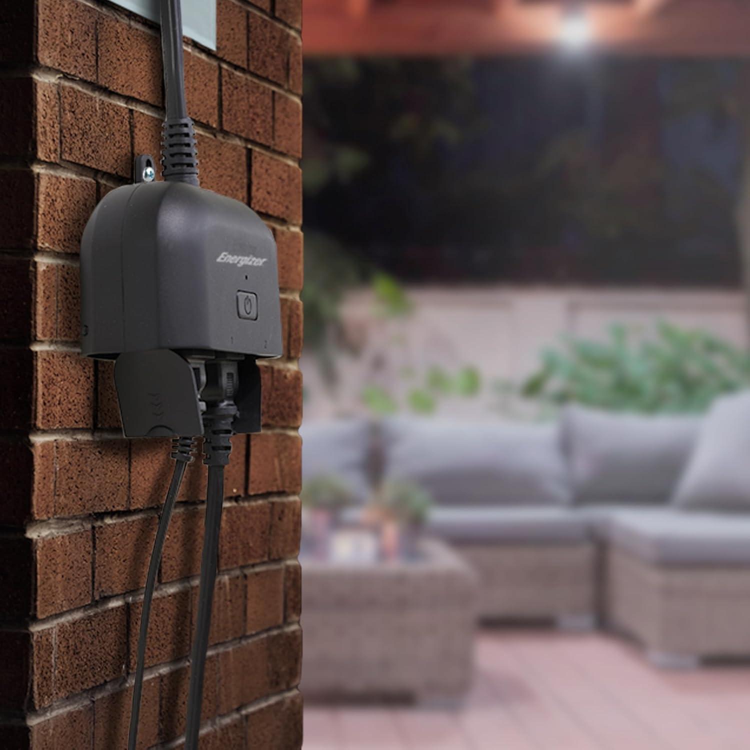 Energizer Smart Outdoor Plug: Water-Resistant, UL Listed, Black, Push Button, 600W, Plastic, No Hardwired Installation